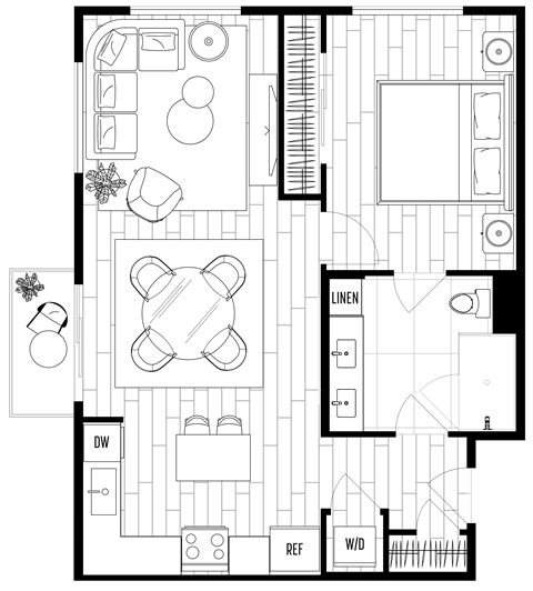 Floor plan for 1 bed, 1 bath, 733 sqft